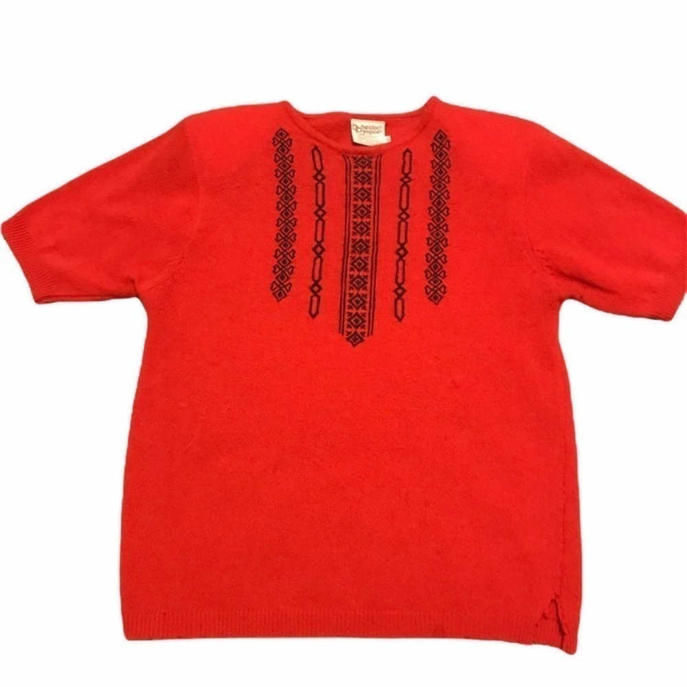 Vintage Sweater Embroidered Collar Red Sz Med